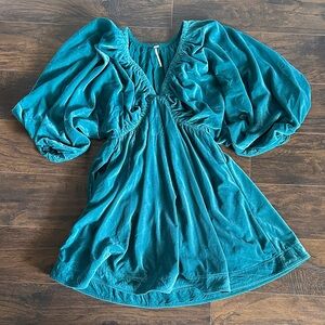 Free People Teal Velvet Puff-Sleeve Tunic